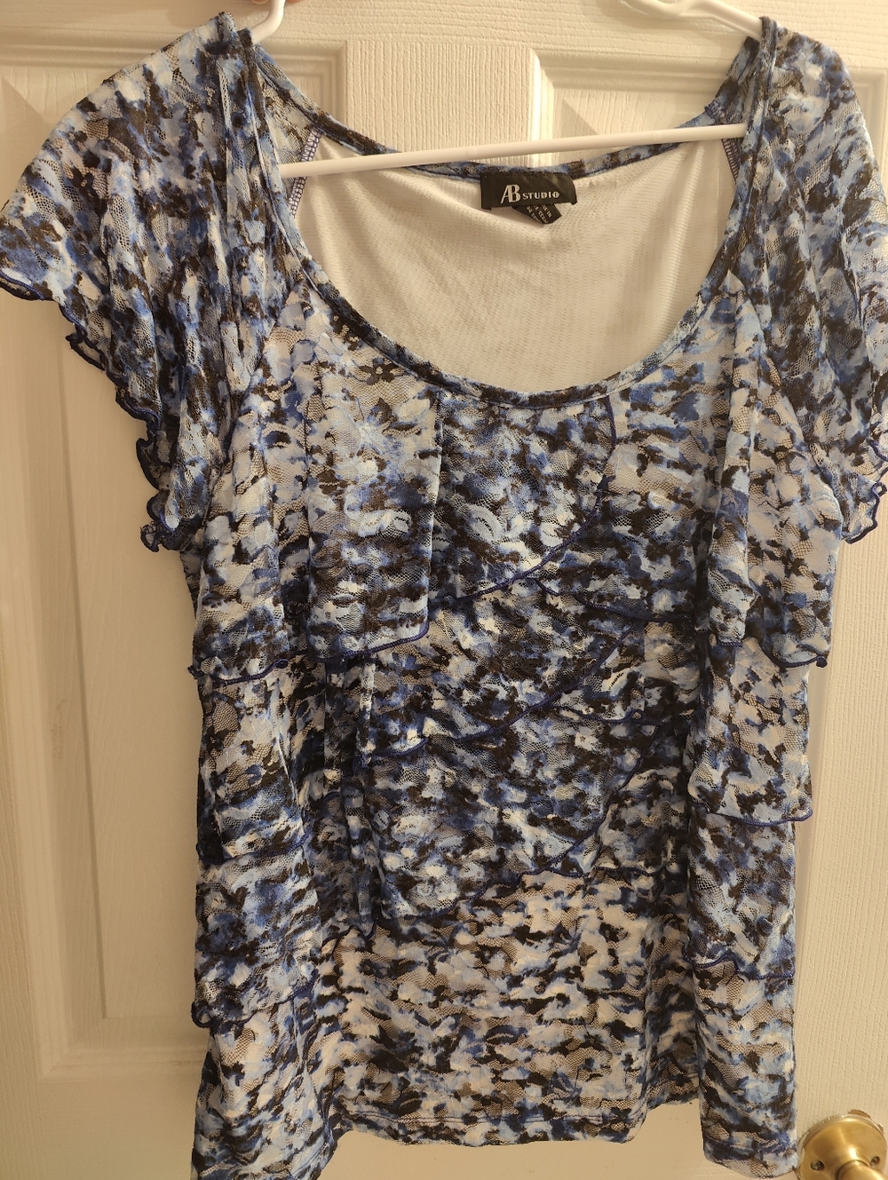 AB Studio Blue and White Floral Sheer Blouse, Size Large
